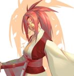  1girl baiken breasts closed_mouth commentary facial_mark guilty_gear japanese_clothes katana kimono large_breasts long_skirt looking_at_viewer mouth_hold nikusenpai obi one_eye_closed pink_eyes pink_hair ponytail sash scar skirt solo sword upper_body weapon 