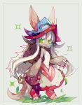  1girl :3 amakusa_(hidorozoa) animal_ears arm_at_side bangs barefoot ears_through_headwear full_body furry green_eyes hat leaf long_hair made_in_abyss nanachi_(made_in_abyss) navel open_mouth pants paws puffy_pants simple_background smile solo standing tail topless whiskers white_background white_hair 