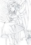  blush bow bowtie chair chestnut_mouth collar crossed_ankles curtains dress drill_hair eating eyebrows_visible_through_hair fairy fairy_wings fork frilled_dress frilled_sleeves frills from_below graphite_(medium) greyscale hair_between_eyes hat hat_ribbon holding long_sleeves looking_at_viewer luna_child mahiro_(akino-suisen) monochrome open_mouth plant plate potted_plant puffy_sleeves ribbon short_hair sitting slippers touhou traditional_media wide_sleeves wings 