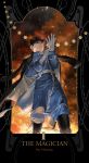  1boy black_eyes black_hair boots character_name coat fire frown fullmetal_alchemist gloves highres holy_pumpkin looking_away male_focus military military_uniform roy_mustang serious short_hair standing star text uniform 