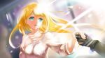  1girl bare_shoulders black_gloves black_suit blonde_hair blue_eyes dress gloves highres iff long_hair open_mouth overlord_(maruyama) tsuare white_dress 