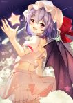  1girl absurdres artist_name bat_wings bloomers blue_hair blush comet commentary_request cowboy_shot crop_top from_behind hat hat_ribbon highres midriff mob_cap nail_polish neno_(nenorium) night night_sky open_mouth pink_shirt pink_skirt puffy_short_sleeves puffy_sleeves red_eyes red_nails red_ribbon remilia_scarlet ribbon shirt short_hair short_sleeves skirt sky smile solo standing star star_(sky) starry_sky touhou twitter_username underwear white_bloomers wings 