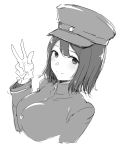  akitsu_maru_(kantai_collection) bangs blush breasts closed_mouth gloves greyscale hand_up hat highres hometa jacket kantai_collection large_breasts long_sleeves looking_at_viewer monochrome peaked_cap short_hair simple_background smile upper_body v white_background 