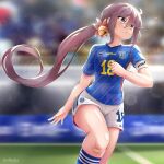  1girl 2022_fifa_world_cup akebono_(kancolle) alternate_costume arthur_ko bell blue_shirt blurry blurry_background depth_of_field feet_out_of_frame flower hair_bell hair_flower hair_ornament highres jingle_bell kantai_collection long_hair purple_hair running shirt shorts side_ponytail soccer_uniform solo sportswear twitter_username very_long_hair violet_eyes white_shorts world_cup 
