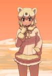  1girl animal_ears bear_ears blush coat eyebrows_visible_through_hair finger_to_mouth fur_trim gloves hand_in_pocket kemono_friends multicolored_hair pantyhose pleated_skirt polar_bear_(kemono_friends) rumenia_(ao2is) short_hair skirt solo white_legwear 