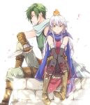  1boy 1girl animal animal_on_head bangle bare_shoulders bird bird_on_head black_gloves black_legwear blue_scarf bracelet dress elbow_gloves fingerless_gloves fire_emblem fire_emblem:_akatsuki_no_megami gloves green_hair hair_ribbon half_updo jewelry kizuki_miki long_hair micaiah on_head pantyhose ribbon scarf silver_hair simple_background sitting sleeveless sleeveless_dress smile sothe yellow_eyes yune 