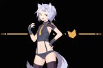  1girl animal_ears armpit_cutout armpits bangs black_background black_gloves blue_hair breasts commentary_request deel_(rkeg) fingerless_gloves gloves green_eyes hand_on_hip hand_up highres looking_at_viewer midriff navel original panties purple_legwear short_hair skindentation small_breasts smirk solo standing suspenders tail thigh-highs underwear 