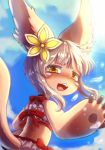  1girl :3 :d animal_ears bare_arms bikini blue_sky blush bow commentary_request day eyebrows_visible_through_hair frilled_bikini frills from_behind furry grey_hair looking_at_viewer looking_back made_in_abyss nanachi_(made_in_abyss) open_mouth outdoors paws red_bow ria_(efikrisia) short_hair short_hair_with_long_locks sky smile solo standing swimsuit tail water 