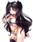  1girl :p black_hair black_ribbon blush breasts earrings fate/grand_order fate_(series) hair_ribbon highres hoop_earrings ishtar_(fate/grand_order) jewelry long_hair medium_breasts melynx_(user_aot2846) navel red_eyes ribbon simple_background single_thighhigh solo standing thigh-highs tongue tongue_out two_side_up white_background 
