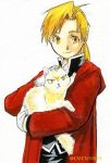  1boy alphonse_elric animal black_shirt blonde_hair carrying cat cat_day coat conqueror_of_shambala fullmetal_alchemist gloves long_hair looking_at_viewer male_focus petting ponytail red_coat shirt simple_background smile twitter_username urikurage white_background yellow_eyes 