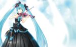  1girl aqua_eyes aqua_hair bow dress hatsune_miku highres instrument kei_(keigarou) long_hair simple_background solo twintails very_long_hair violin vocaloid wallpaper 