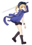  1girl arm_up artoria_pendragon_(all) bangs black_footwear black_hat black_shorts blonde_hair blue_eyes blue_jacket boots closed_mouth eyebrows_visible_through_hair fate/grand_order fate_(series) flat_cap hair_between_eyes hat highres holding holding_sword holding_weapon jacket knee_boots long_sleeves mysterious_heroine_x ponytail rojiura_satsuki:_chapter_heroine_sanctuary shirt short_shorts shorts sidelocks sketch solo standing standing_on_one_leg sword weapon white_background white_shirt wristband yukarite 