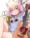  &lt;o&gt;_&lt;o&gt; 1girl :p alternate_costume animal_ears blonde_hair blush can cat_ears collarbone commentary_request green_eyes guitar instrument kemono_friends legs_crossed looking_at_viewer sand_cat_(kemono_friends) shipii_(jigglypuff) shirt short_hair short_sleeves sitting soda_can solo t-shirt tongue tongue_out 