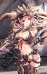  1girl arm_up armor armpits axe belt bikini_armor blonde_hair breasts cleavage fur_trim gauntlets glowing hand_up helmet highres holding holding_weapon horned_helmet looking_at_viewer medium_breasts monster_hunter monster_hunter:_world navel nergigante_(armor) parted_lips red_eyes smile solo spikes standing stomach thigh-highs under_boob upper_body weapon weapon_on_back zi-dabu 