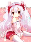  1girl :o animal_ears azur_lane bangs between_legs blush collarbone commentary_request eyebrows_visible_through_hair fuuna_thise hair_between_eyes hair_ornament hairband hand_between_legs jacket laffey_(azur_lane) long_hair long_sleeves looking_at_viewer off_shoulder open_clothes open_jacket parted_lips pink_jacket pleated_skirt rabbit_ears red_eyes red_hairband red_skirt silver_hair sitting skirt sleeves_past_wrists solo star strap_slip thigh-highs twintails very_long_hair white_camisole white_legwear 