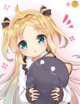  1girl :o absurdres aqua_eyes bangs black_bow blonde_hair blush bow charlotte_izoard commentary_request dress dutch_angle eyebrows_visible_through_hair gradient gradient_background hair_bow highres holding holding_stuffed_animal ju_(a793391187) long_hair long_sleeves looking_at_viewer parted_lips pink_background ryuuou_no_oshigoto! sleeves_past_wrists solo stuffed_animal stuffed_cat stuffed_toy two_side_up very_long_hair white_background white_dress 