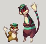  commentary crossed_arms full_body fushigi_no_dungeon glitchedpuppet grey_background hands_on_hips hat looking_at_viewer patrat pokemon pokemon_(creature) pokemon_fushigi_no_dungeon police_hat red_eyes simple_background watchog 