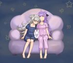  2girls ahoge azur_lane bangs barefoot black_ribbon blue_pajamas blue_shirt blue_shorts blunt_bangs collarbone commentary couch hair_bun hair_ribbon hereisds long_hair multiple_girls on_couch pajamas pants pink_pajamas pink_pants pink_shirt puffy_short_sleeves puffy_shorts puffy_sleeves ribbon shirt short_shorts short_sleeves shorts side_bun silver_hair sitting sleepwear star starry_background stuffed_animal stuffed_pegasus stuffed_toy stuffed_unicorn unicorn_(azur_lane) very_long_hair violet_eyes z46_(azur_lane) 