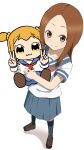  2girls :3 blonde_hair brown_eyes brown_hair carrying crossover double_v dutch_angle forehead from_above highres karakai_jouzu_no_takagi-san kumamoto_nomii-kun long_hair looking_at_viewer multiple_girls poptepipic popuko school_uniform scrunchie season_connection serafuku short_twintails smile takagi-san twintails v white_background yellow_eyes 