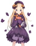 1girl abigail_williams_(fate/grand_order) bangs black_bow black_dress black_hat blonde_hair bloomers blush bow butterfly closed_mouth dress eyebrows_visible_through_hair fate/grand_order fate_(series) forehead hair_bow hat long_hair long_sleeves looking_at_viewer object_hug orange_bow parted_bangs polka_dot polka_dot_bow simple_background sleeves_past_fingers sleeves_past_wrists smile solo stuffed_animal stuffed_toy teddy_bear underwear very_long_hair violet_eyes white_background white_bloomers yukarite 