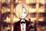  1girl ^_^ alcohol bartender blurry blurry_background blush bottle bow bowtie closed_eyes depth_of_field dokuromaru formal holding holding_bottle idolmaster idolmaster_cinderella_girls jack_daniel&#039;s red_suit shirasaka_koume shirt sleeves_past_wrists smile solo the_shining transparent wall_of_text whiskey white_shirt 