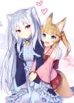  2girls al_bhed_eyes animal_ears arm_hug bare_shoulders black_dress blonde_hair blue_eyes blue_flower closed_mouth collarbone commentary_request crossover detached_sleeves dress floral_print flower fox_ears fox_girl fox_tail hair_bobbles hair_ornament hair_ribbon hairclip heart highres kemomimi_vr_channel long_hair long_sleeves looking_at_another mikoko_(kemomimi_vr_channel) multiple_girls nora_cat nora_cat_channel pink_flower pleated_skirt print_skirt red_eyes red_ribbon red_skirt ribbon silver_hair skirt sleeveless sleeves_past_fingers sleeves_past_wrists tahya tail twintails very_long_hair white_background wide_sleeves 