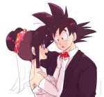  1boy 1girl :o artist_name bangs bare_shoulders black_eyes black_hair bridal_veil chi-chi_(dragon_ball) couple dragon_ball dragonball_z dress elbow_gloves eyebrows_visible_through_hair flower formal gloves happy hetero husband_and_wife long_sleeves looking_at_another miiko_(drops7) necktie open_mouth shirt short_hair simple_background sleeveless smile son_gokuu spiky_hair suit tied_hair twitter_username veil wedding_dress white_background white_shirt 
