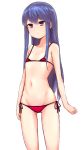  1girl bikini blue_hair blush collarbone eyebrows_visible_through_hair flat_chest groin hair_ornament hairclip head_tilt long_hair micro_bikini navel parted_lips pink_eyes red_bikini shima_rin side-tie_bikini solo standing sweatdrop swimsuit varitora white_background yurucamp 