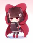  1girl black_legwear book bow brown_hair character_request chibi chunithm cloak dress eyebrows_visible_through_hair facial_mark flower hair_bow hair_flower hair_ornament holding holding_book pantyhose quill red_bow red_eyes red_footwear sanotsuki solo sparkle standing white_background 