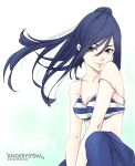  1girl absurdres angerykacchan artist_name bikini blue_eyes blue_hair breasts highres love_live! love_live!_sunshine!! matsuura_kanan off_shoulder striped striped_bikini swimsuit twitter_username 