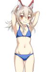  1girl arms_up azur_lane bikini blue_bikini character_request cowboy_shot flat_chest gluteal_fold grin highres kntrs_(knyrs) long_hair looking_at_viewer navel orange_eyes ponytail silver_hair simple_background smile solo swimsuit white_background 