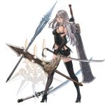  1girl ass bangs black_footwear black_gloves black_legwear black_panties blue_eyes breasts dual_wielding elbow_gloves from_behind gloves hair_between_eyes high_heels holding holding_sword holding_weapon iwauchi_tomoki katana legs_apart logo long_hair looking_at_viewer looking_back medium_breasts nier_(series) nier_automata panties polearm reverse_trap silver_hair solo spear standing sword thigh-highs underwear weapon yorha_type_a_no._2 