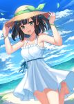  1girl barefoot black_hair breasts dress dutch_angle hajime_kaname hat highres medium_breasts moe2018 open_mouth short_hair smile solo straw_hat white_dress 