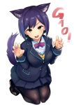  1girl animal_ears breasts eyebrows_visible_through_hair fang highres kneeling looking_at_viewer nijisanji nuezou pantyhose purple_hair school_uniform shizuka_rin short_hair simple_background smile solo tail white_background wolf_ears wolf_tail yellow_eyes 