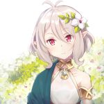  1girl antenna_hair commentary_request day eyebrows_visible_through_hair flower hair_between_eyes hair_flower hair_ornament head_tilt looking_at_viewer nakatokung outdoors platinum_blonde pointy_ears princess_connect! red_eyes short_hair smile solo upper_body 