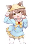  1girl animal_ears azur_lane blue_shirt brown_eyes brown_hair cat_ears cosplay cowboy_shot fang hat highres kantai_collection kindergarten_uniform kirigaku kirigakure_(kirigakure_tantei_jimusho) long_hair looking_at_viewer mutsuki_(azur_lane) mutsuki_(azur_lane)_(cosplay) open_mouth ryuujou_(kantai_collection) sailor_collar school_hat shirt simple_background skirt smile solo twintails v white_background white_sailor_collar yellow_skirt 