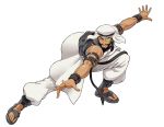  1boy beard black_hair brown_eyes facial_hair full_body grin keffiyeh male_focus monocle nigou open_toe_boots pants rashid_(street_fighter) simple_background sleeveless smile solo street_fighter street_fighter_v toes white_background white_pants wristband 