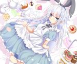  1girl alternate_costume animal_ears apron aruka_(alka_p1) blue_eyes cake commentary_request eyebrows_visible_through_hair fake_animal_ears food fruit hair_between_eyes hibiki_(kantai_collection) kantai_collection long_hair maid maid_apron open_mouth puffy_short_sleeves puffy_sleeves rabbit_ears short_sleeves silver_hair snack solo strawberry verniy_(kantai_collection) white_apron 