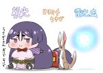  1girl absurdly_long_hair absurdres animal_request blush bodysuit chibi closed_mouth commentary_request eyebrows_visible_through_hair fate/grand_order fate_(series) highres jitome long_hair low-tied_long_hair minamoto_no_raikou_(fate/grand_order) pelvic_curtain puffy_sleeves purple_hair rei_(rei_rr) simple_background sitting smile solo translation_request very_long_hair violet_eyes white_background 