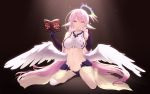  1girl :o bangs bare_legs bare_shoulders black_gloves blush book breasts bridal_gauntlets cait collarbone crop_top elbow_gloves feathered_wings gloves halo hand_up highres holding holding_book jibril_(no_game_no_life) large_breasts long_hair looking_at_viewer low_wings navel no_game_no_life o-ring open_book open_mouth pink_eyes pink_hair revision ringed_eyes sideboob single_elbow_glove single_glove sitting solo spotlight stomach straight_hair very_long_hair waist_cape wariza white_wings wings yellow_eyes 