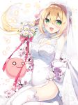  1girl anzu_(sumisaki_yuzuna) bare_shoulders blonde_hair blush bouquet bow breasts bridal_veil bride cherry_blossoms china_dress chinese_clothes cleavage dress elbow_gloves eyebrows_visible_through_hair flower gloves green_eyes long_hair looking_at_viewer medium_breasts open_mouth original petals pig pink_bow sumisaki_yuzuna veil white_dress white_gloves white_legwear 