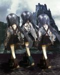  3girls 86thunder apron back black_hair building gloves highres long_hair multiple_girls original skirt 