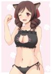  1girl alternate_costume animal_ears black_bra black_panties bow bra breasts brown_hair cat_cutout cat_ears cat_lingerie cleavage cleavage_cutout cow drill_hair hair_bow harukaze_(kantai_collection) highres kamikitayotsuba kantai_collection large_breasts long_hair meme_attire one_eye_closed open_mouth panties pink_background red_bow red_eyes side-tie_panties smile solo twin_drills underwear 