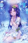  1girl air_bubble anklet bangs blue_hair blue_n blush brown_eyes bubble character_name closed_mouth commentary_request copyright_name dress eyebrows_visible_through_hair flower food_themed_hair_ornament grape_hair_ornament hair_flower hair_ornament head_tilt idolmaster jewelry kisaragi_chihaya long_hair petals pink_flower seiza sitting sleeveless sleeveless_dress smile solo underwater very_long_hair water white_dress 