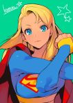  1girl blonde_hair blue_bodysuit blue_eyes bodysuit cape closed_mouth commentary_request grey_background highres kotatsu_(g-rough) lips long_hair looking_at_viewer red_cape signature simple_background solo stretch supergirl superhero superman_(series) upper_body 