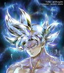  1boy artist_name aura black_background blue_background close-up commentary_request dragon_ball dragon_ball_super dragonball_z expressionless face frown grey_eyes grey_hair instagram_username kim_yura_(goddess_mechanic) looking_away male_focus serious shirtless short_hair simple_background son_gokuu spiky_hair spoilers twitter_username ultra_instinct upper_body watermark 