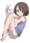  1girl :d absurdres bare_legs barefoot blue_shirt brown_eyes brown_hair commentary_request double_w fingernails from_side full_body hands_up highres looking_at_viewer open_mouth original shirt short_hair shorts simple_background sleeveless sleeveless_shirt smile solo toenails w white_background white_shorts yamamoto_souichirou 