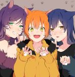  3girls animal_ears bangs blue_hair blush cat_ears commentary_request eyebrows_visible_through_hair fang fur_trim green_eyes grin hair_between_eyes hoshizora_rin kemonomimi_mode lily_white_(love_live!) long_hair looking_at_viewer love_live! love_live!_school_idol_project multiple_girls nagimori_shou open_mouth orange_hair paw_pose paw_print purple_hair sandwiched short_hair smile sonoda_umi toujou_nozomi twintails upper_body yellow_eyes 