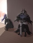  1girl 2boys armor assassin_(fate/zero) bandage bandaged_arm black_cloak black_pants eiri_(eirri) fate/grand_order fate_(series) female_assassin_(fate/zero) glowing glowing_eyes grey_skirt hands_on_hilt horns indoors king_hassan_(fate/grand_order) long_hair multiple_boys pants purple_hair seiza sitting sitting_on_person skirt skull spikes standing sword true_assassin very_long_hair weapon wooden_floor 