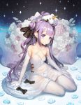  1girl absurdres arm_support azur_lane bangs bare_shoulders black_bow black_ribbon blush bow criss-cross_halter dress elbow_gloves flower full_body gloves hair_bun halterneck highres looking_at_viewer one_side_up purple_hair qbase ribbon shiny shiny_hair side_bun sidelocks sitting stuffed_animal stuffed_toy stuffed_unicorn unicorn_(azur_lane) violet_eyes wedding white_dress white_gloves white_legwear yokozuwari 